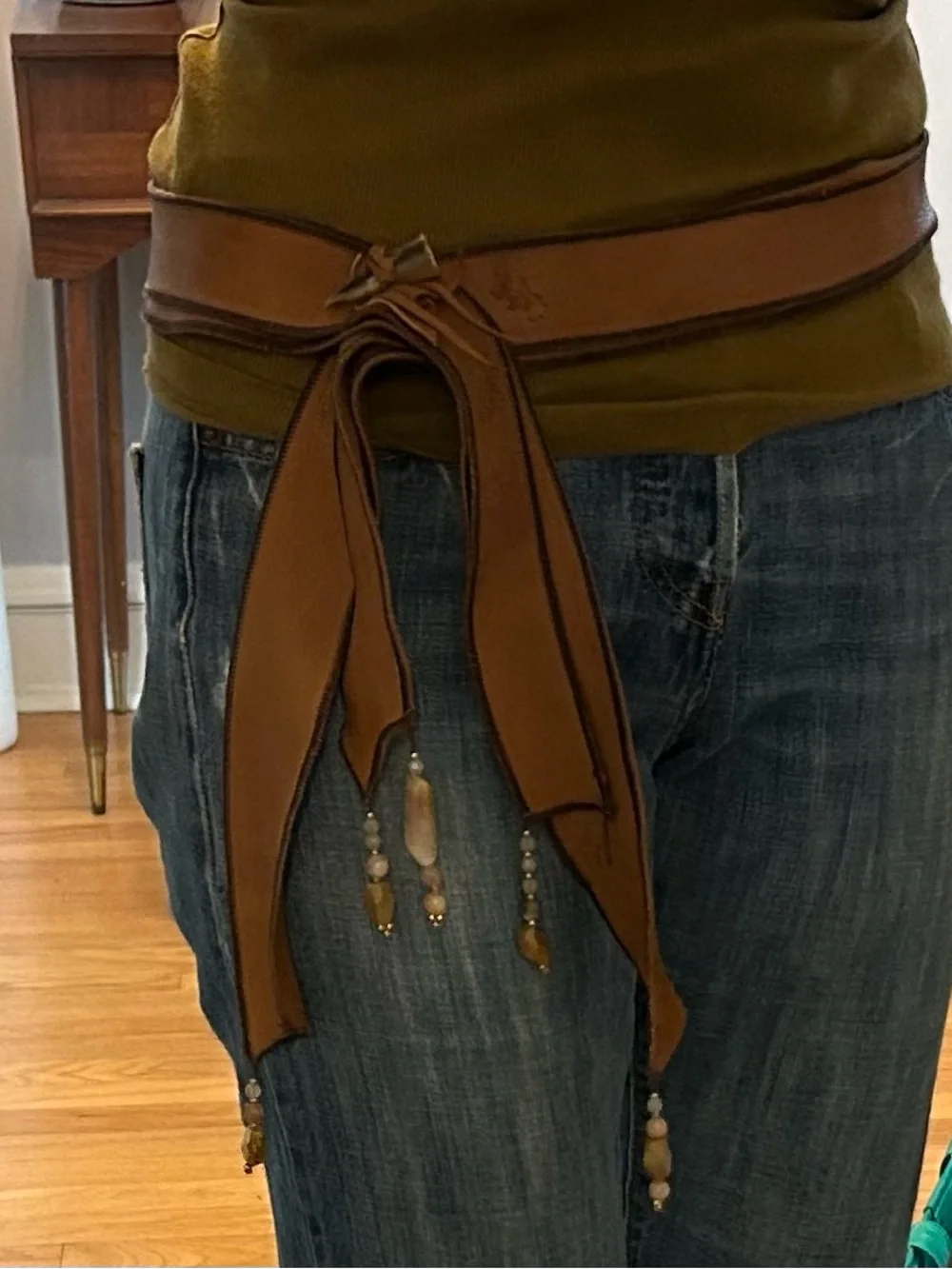 Artisan Leather Brown Belt with Stone Tassels